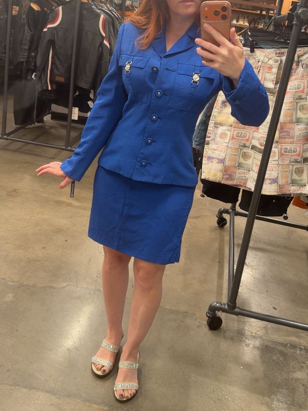 Vintage Versace Jeans Couture cobalt Medusa buckle skirt suit set size IT 42